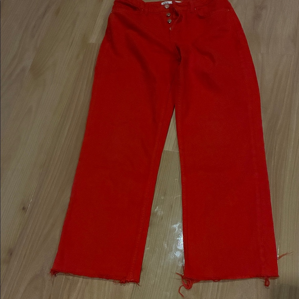 Zara Women's Bright Red Flare Jeans with raw hem